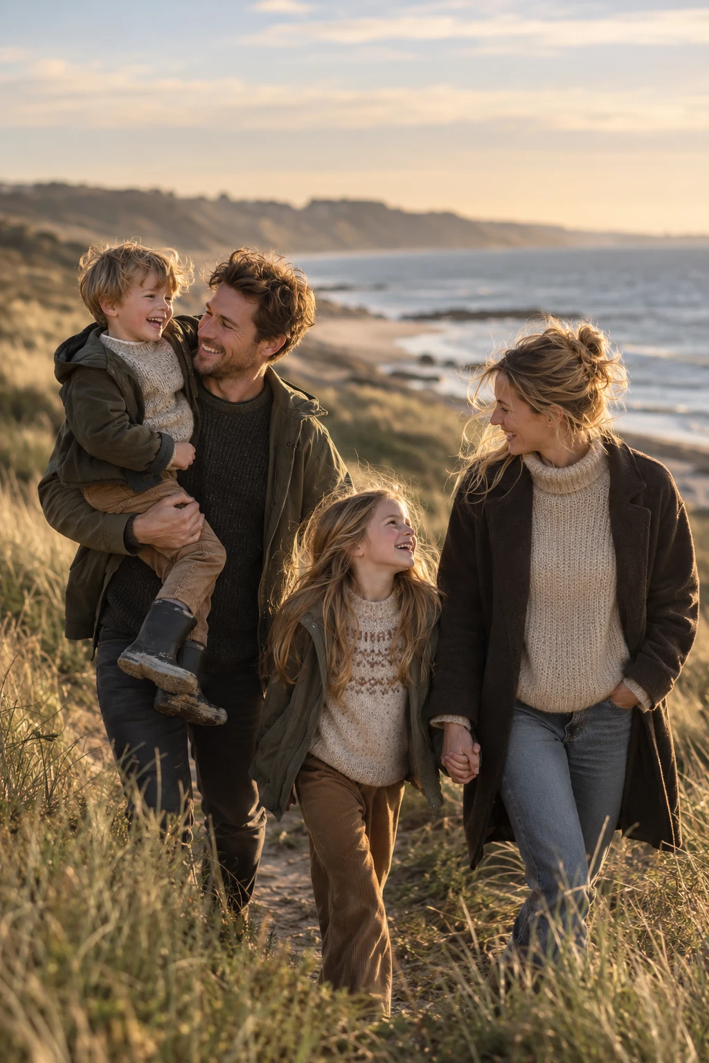 En familie nyder en tur sammen ved stranden